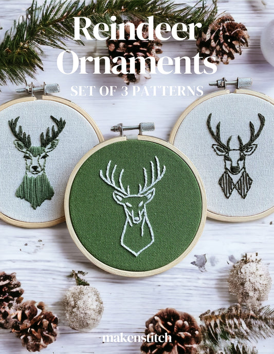 Reindeer Ornaments Set of 3 Hand Embroidery Patterns E-book