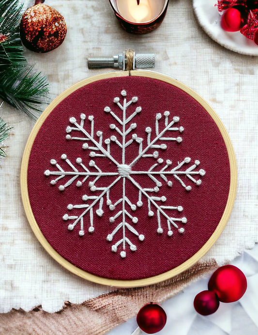 White and Red Snowflake Hand Embroidery Pattern PDF