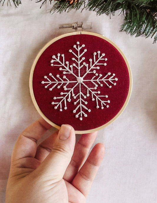 White and Red Snowflake Hand Embroidery Pattern PDF