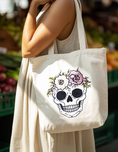 Floral Skull Hand Embroidery Pattern PDF for Tote Bag