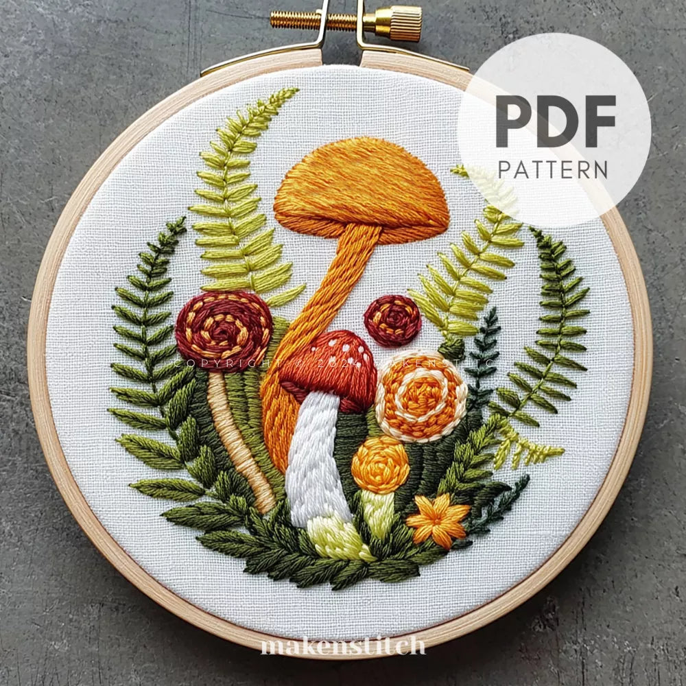 Fern and Mushroom Hand Embroidery Pattern