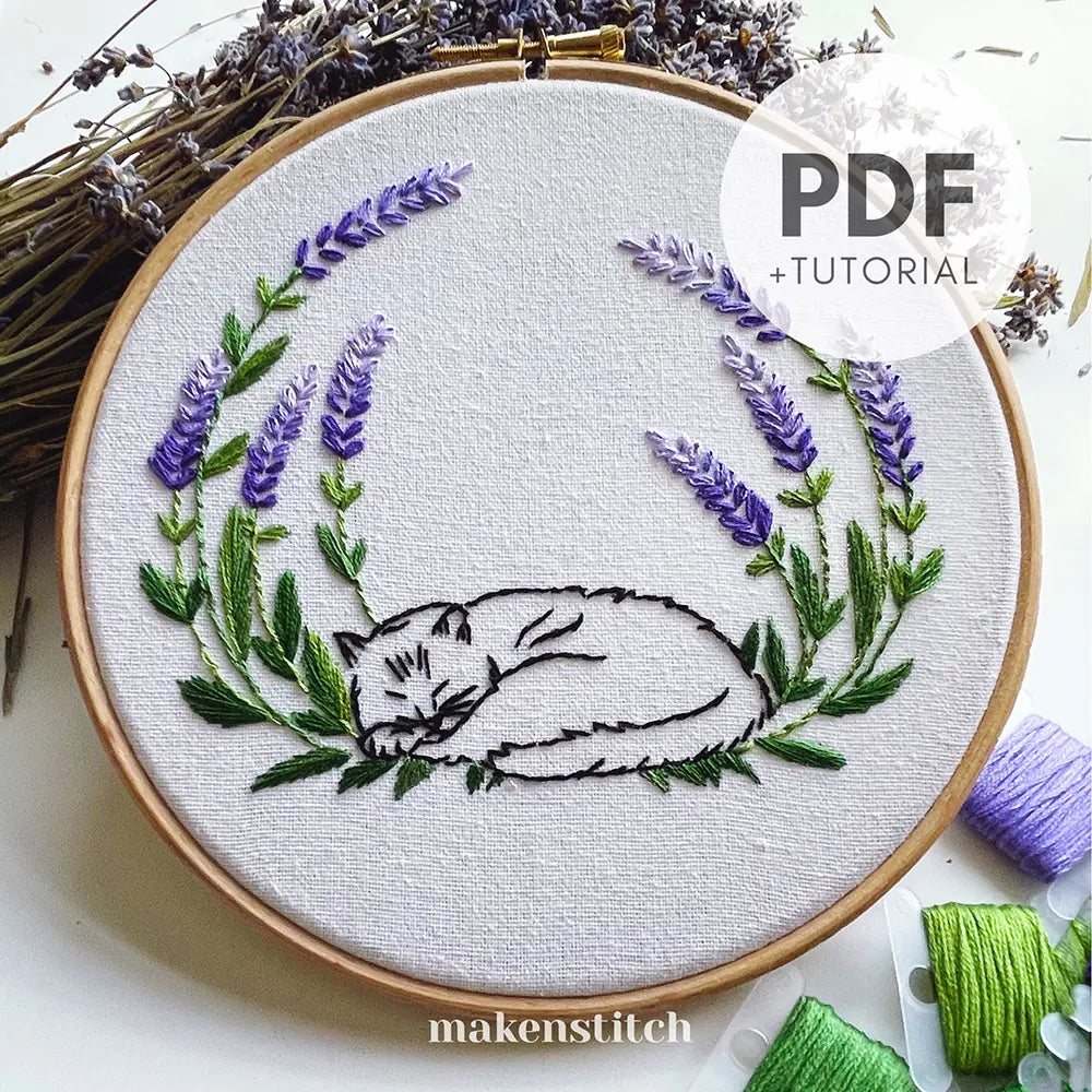 Lavender Cat Hand Embroidery Pattern