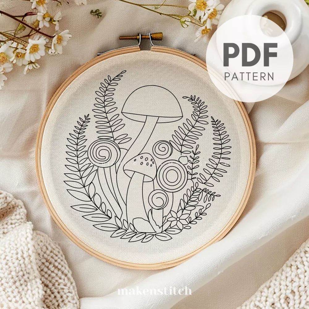 Fern and Mushroom Hand Embroidery Pattern