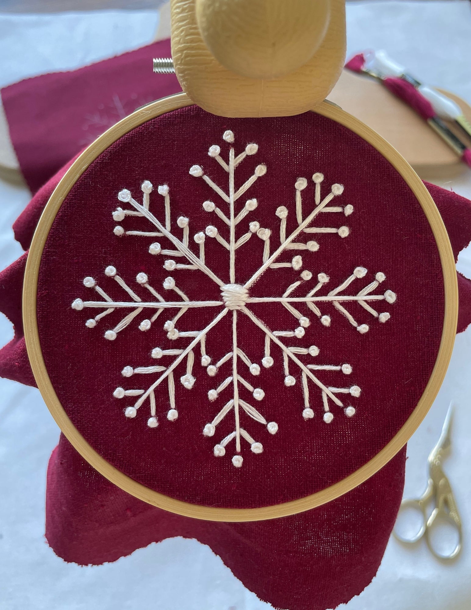 White and Red Snowflake Hand Embroidery Pattern PDF