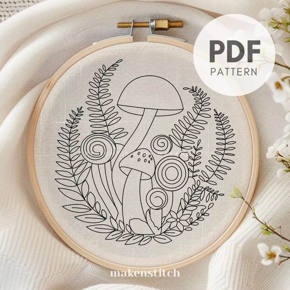 Fern and Mushroom Hand Embroidery Pattern