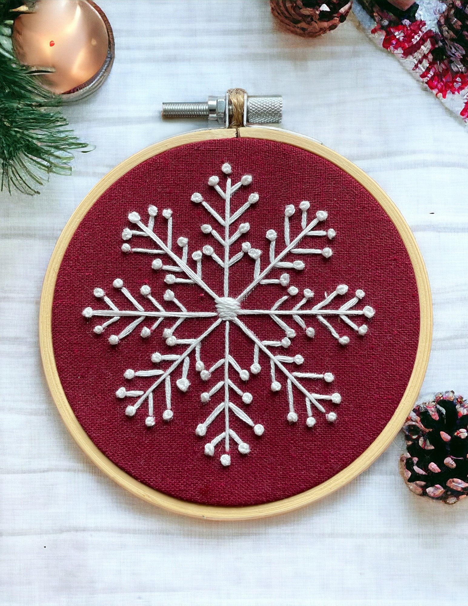 White and Red Snowflake Hand Embroidery Pattern PDF