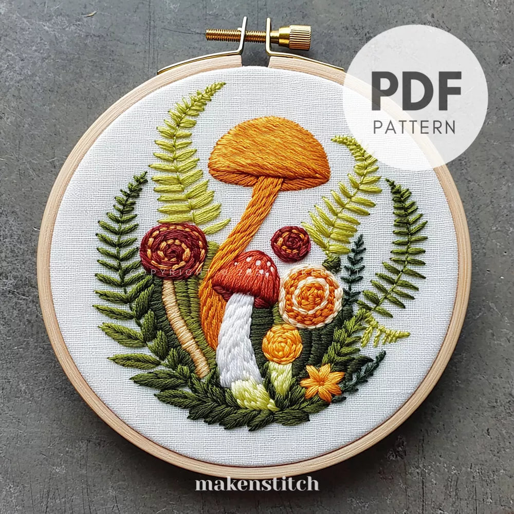 Fern and Mushroom Hand Embroidery Pattern